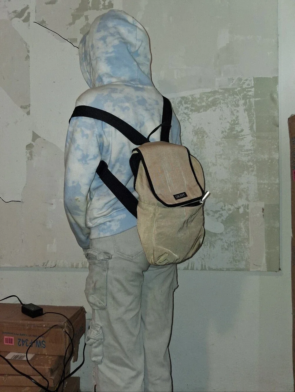 DKNY Beige Canvas Backpack with Black Trim